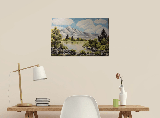 OriGinal, Oil Art, Mountains, Sky, Forest, Lake, Oil Wall Decor