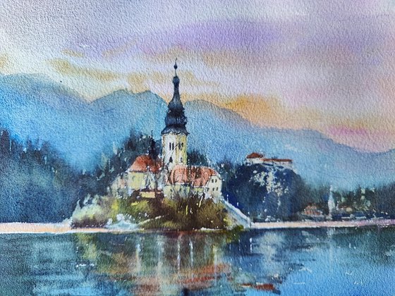 Bled lake Slovenia wall art watercolor original painting, Winter mountain lake, Decor for living room, Travel souvenir gift, Lakes church