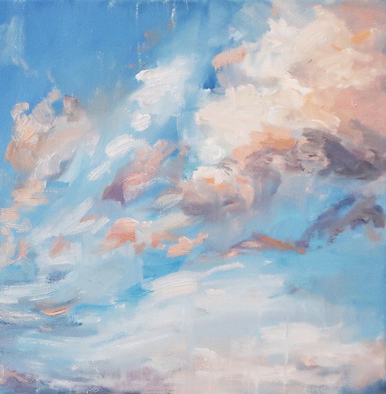 Oil painting Landscape River Field Clouds Sky