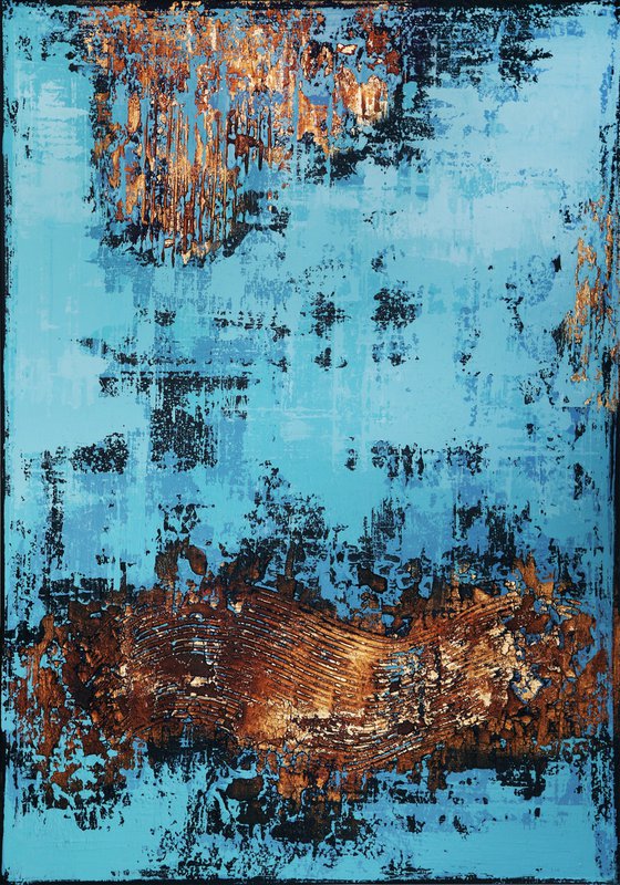 VENEZIA - ABSTRACT ACRYLIC PAINTING TEXTURED * TURQUOISE BLUE * COPPER * GOLD