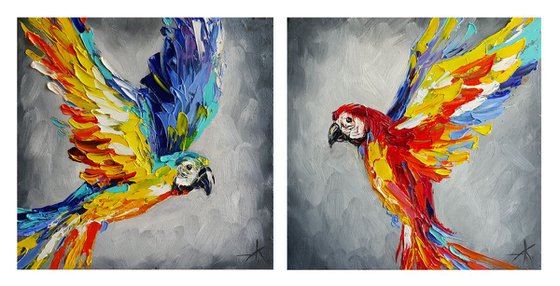 Diptych "Parrots" - bird, parrots, gift, love, birds love, parrots art, animals, oil painting