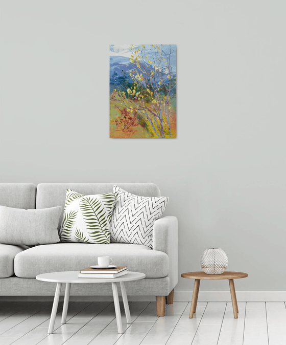 Moments of spring . Willow blossoms in the mountains . Original oil painting