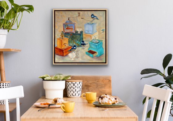 Still life oil painting - Coffee grinders and birds - Square canvas - Kitchen wall art