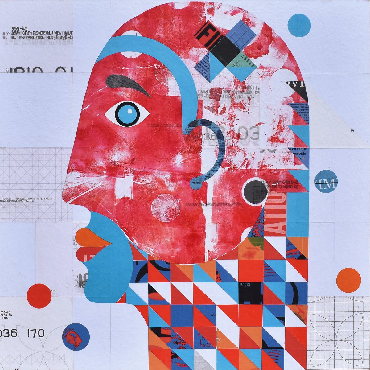 Urban And Pop Portrait Collage By Manel Villalonga, 20 X 20", 264 Red Portrait, Original Artwork