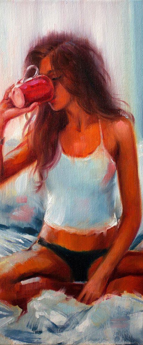 BUT FIRST COFFEE (Beautiful girl Oil Painting Portrait) by Yaroslav Sobol