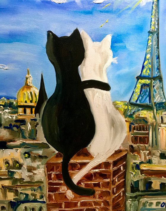 Cats in Paris. Parisian roofs , romantic evening.