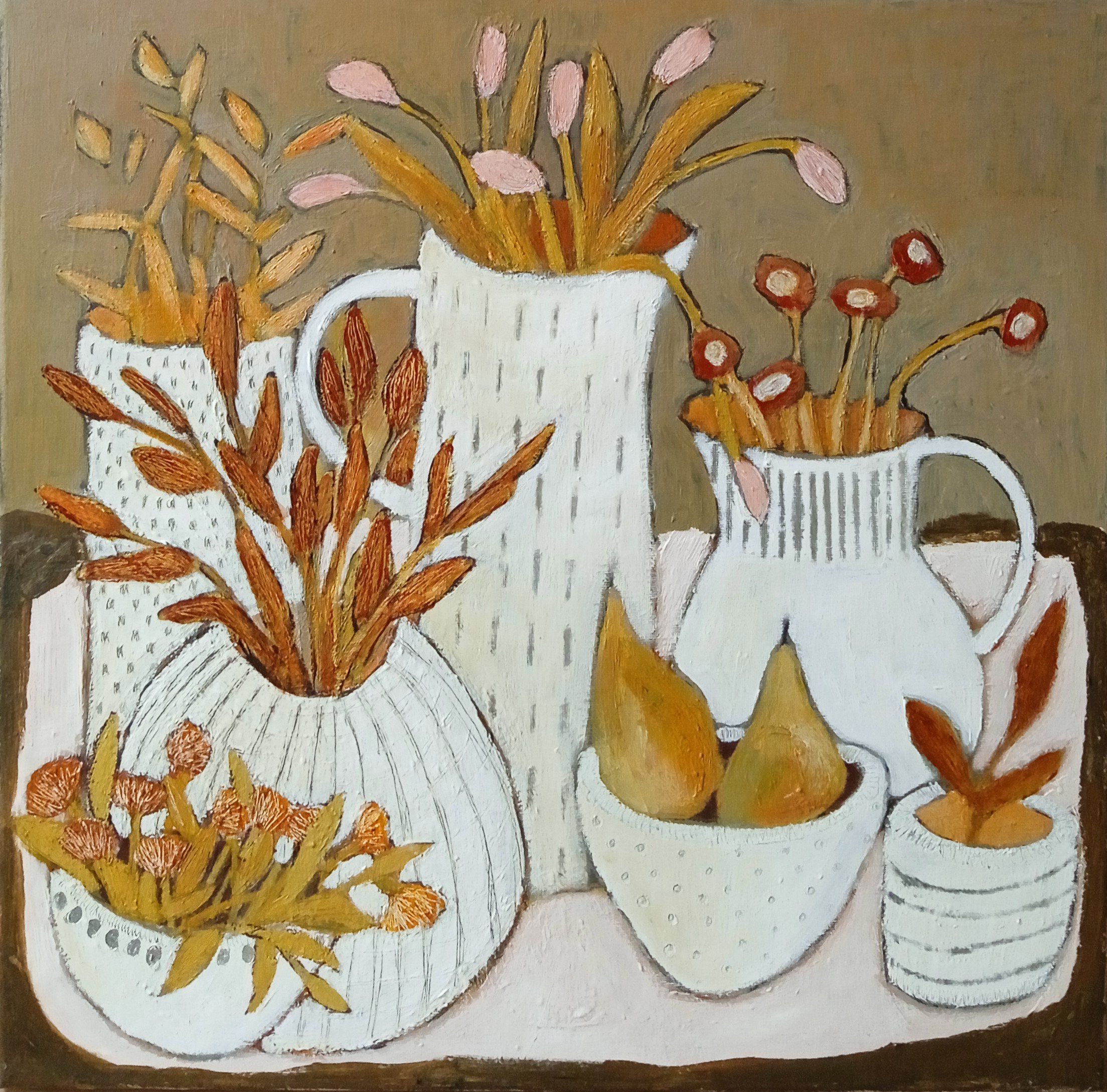 Naive Botanical Acrylic Painting By Fiona Philipps, 20 X 20, Autumn Fruit And Flowers, Original Artwork