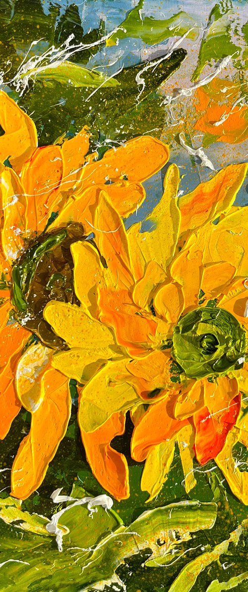 Sunflower Painting Floral Original Art Flower Small Oil Impasto Palette Knife Artwork 10 by 10 inches by Halyna Kirichenko