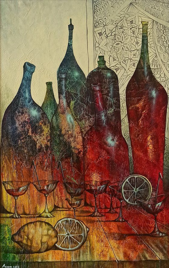 Still life with bottles 70x45cm ,Acrylic/canvas
