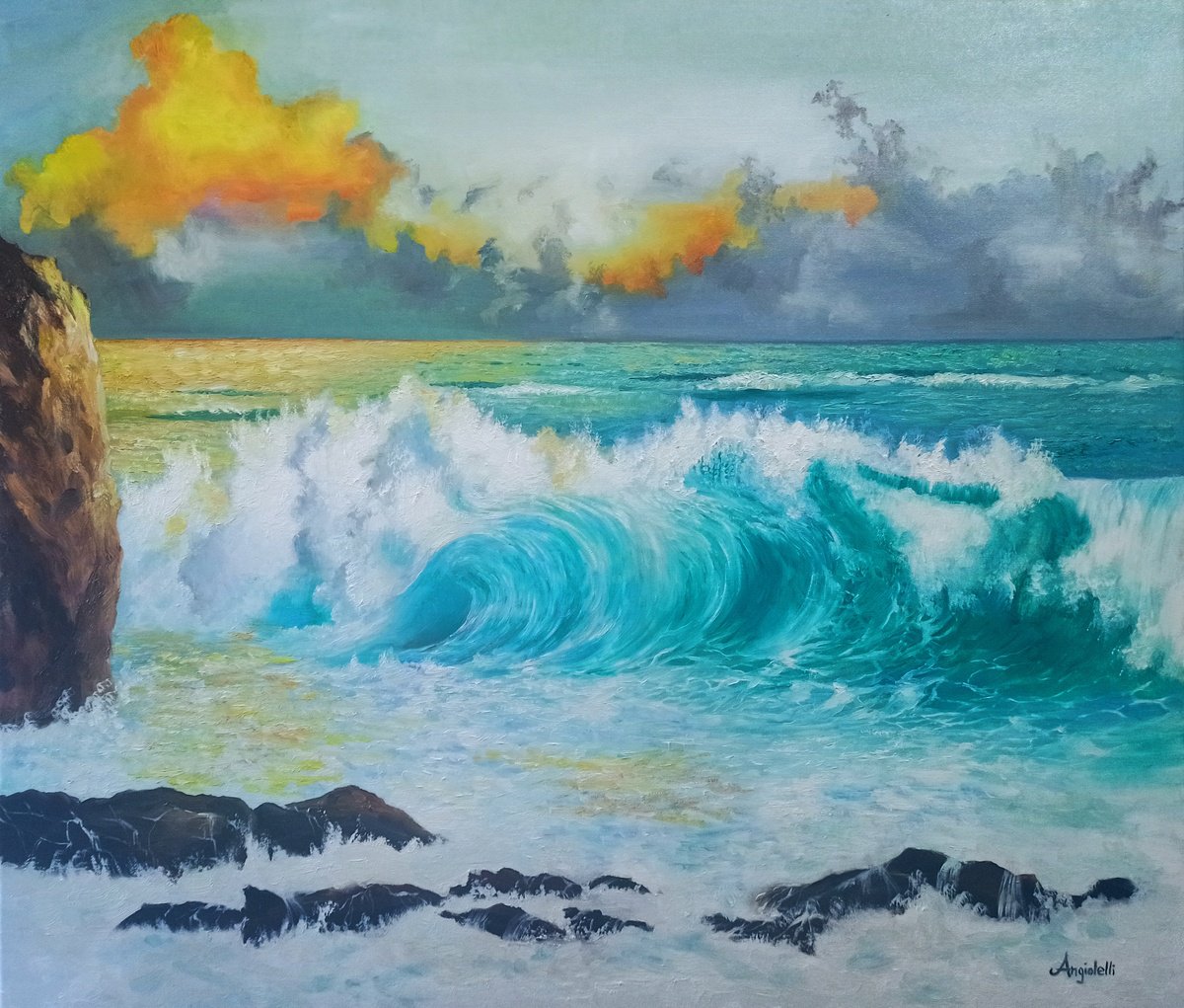 Photorealistic Landscape Oil Painting By Anna Rita Angiolelli, 28 X 24, Seascape At Sunset, Original Artwork