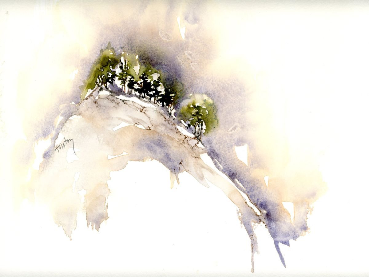 Impressionistic Landscape Watercolour By Alex Tolstoy, 10 X 8, Trees On The Rock, Original Artwork