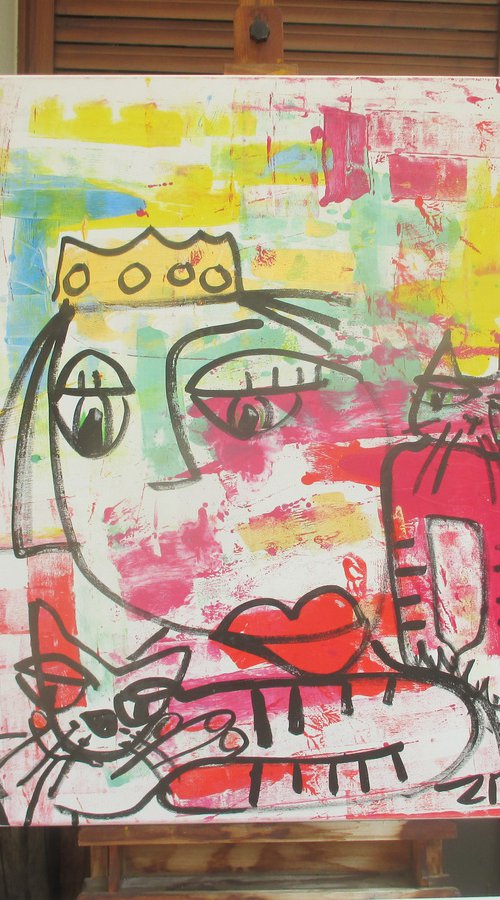 expressive queen with cat, girl portrait 39,3 x 31,4 inch by Sonja Zeltner-Müller