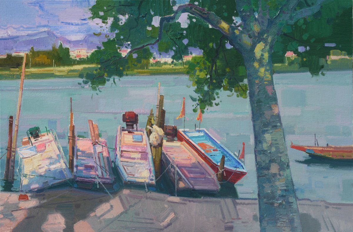 Impressionistic Landscape Acrylic Painting By Jianzhe Chon, 35 X 24, Boats In Port 232, Original Artwork