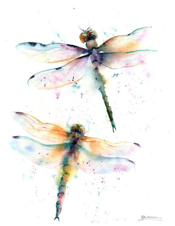 Green Dragonflies - Original watercolor painting