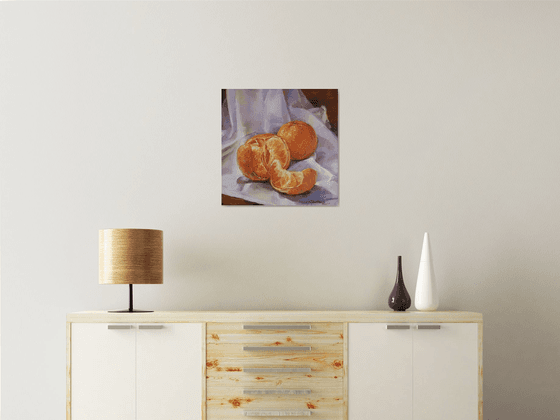 Two mandarines #2, original, one of a kind, impressionistic style still life painting (20x20x2'')