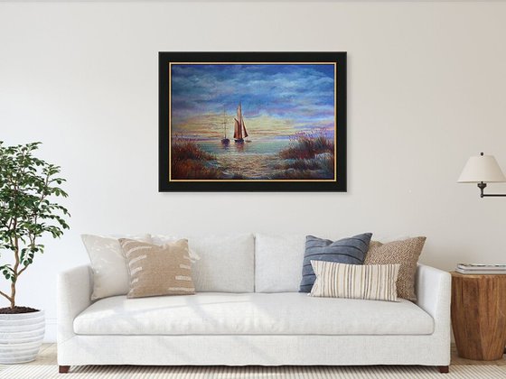 Sunrise in the Bay:linen, oil, 79x109