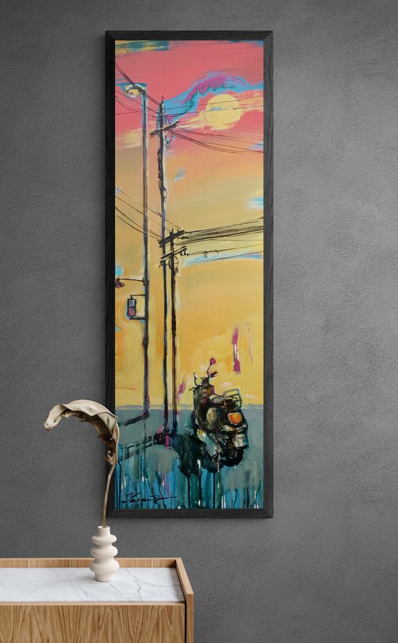 Bright vertical painting - "Sunset in city" - Sunrise - Pop Art - Moped - Expressionism