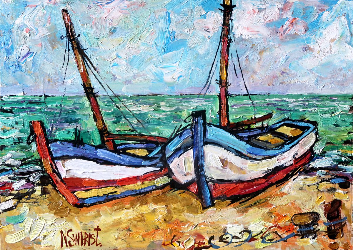 Impressionistic Landscape Oil Painting By Nikifor Swiristuhin, 14 X 10", Boats And The Sea., Original Artwork