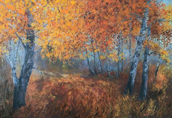 Golden trees, Autumn landscape, Realistic Landscape, knife palette