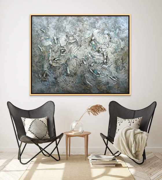 FOSSILIZED SEA SHELLS. Extra Large Abstract Beige Gold Textured Painting. Modern Art Neutral Colors, Abstraction Landscape Contemporary Artwork for Living Room or Bedroom