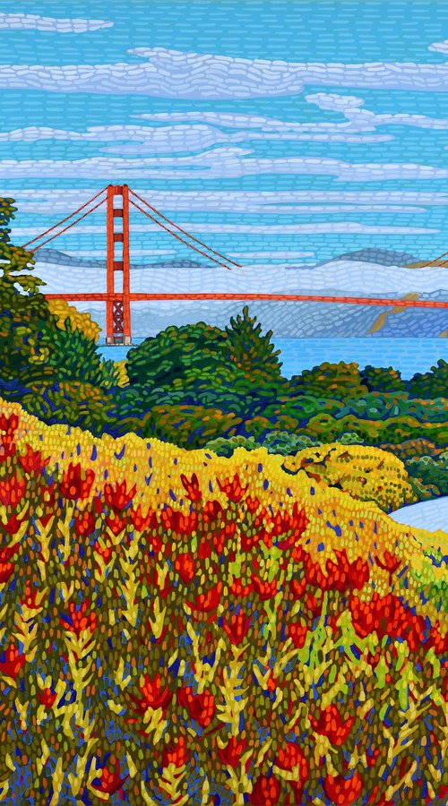 Golden Gate View With Flowers #2 by Alex Nizovsky