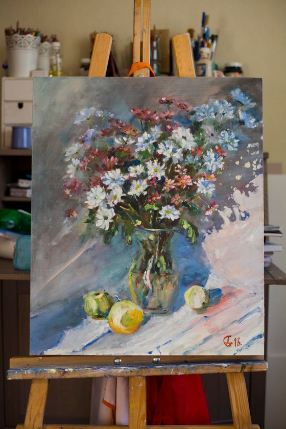 Autumn bouquet. Original oil painting. Impressionistic still life flowers gentle muted colors shadow provence bright