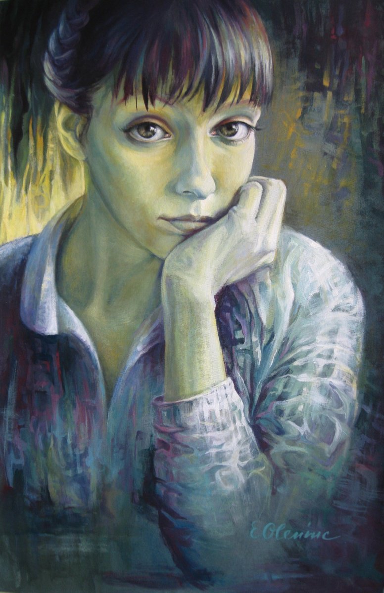 Expressive Portrait Acrylic Painting By Elena Oleniuc, 13 X 20, Dreaming With Open Eyes, Original Artwork