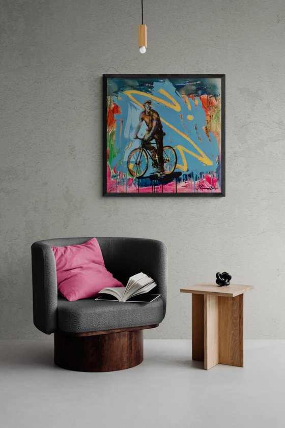 Bright painting - "Ukrainian cyclist" - Urban Art - Pop Art - Bicycle - Street Art