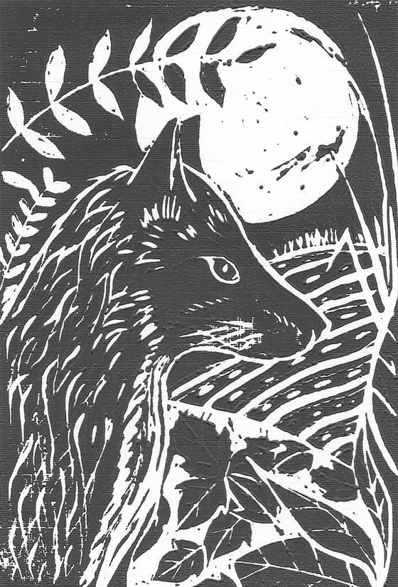 Country Fox and Moon - Original Lino Print