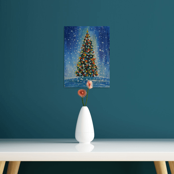 Christmas tree original acrylic painting, New Year pine tree picture, winter snow landscape