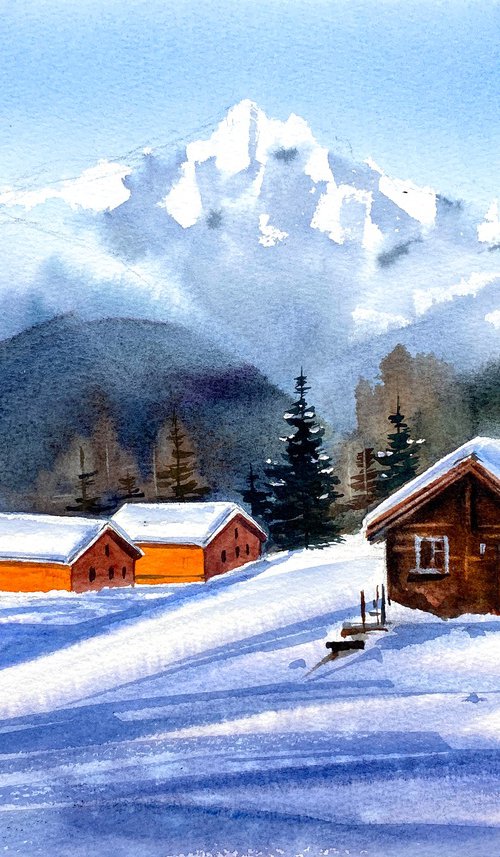 Alpine Radiance oroginal watercolor artwork, snow painting witt mountains and chaletб gift idea by Irina Povaliaeva