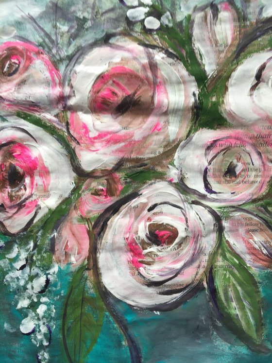 Pink Roses II Acrylic on Newspaper Nature Art Flower Painting of Colour Floral Art Still Life 37x29cm Gift Ideas Original Art Modern Art Contemporary Painting Abstract Art For Sale Buy Original Art Free Shipping