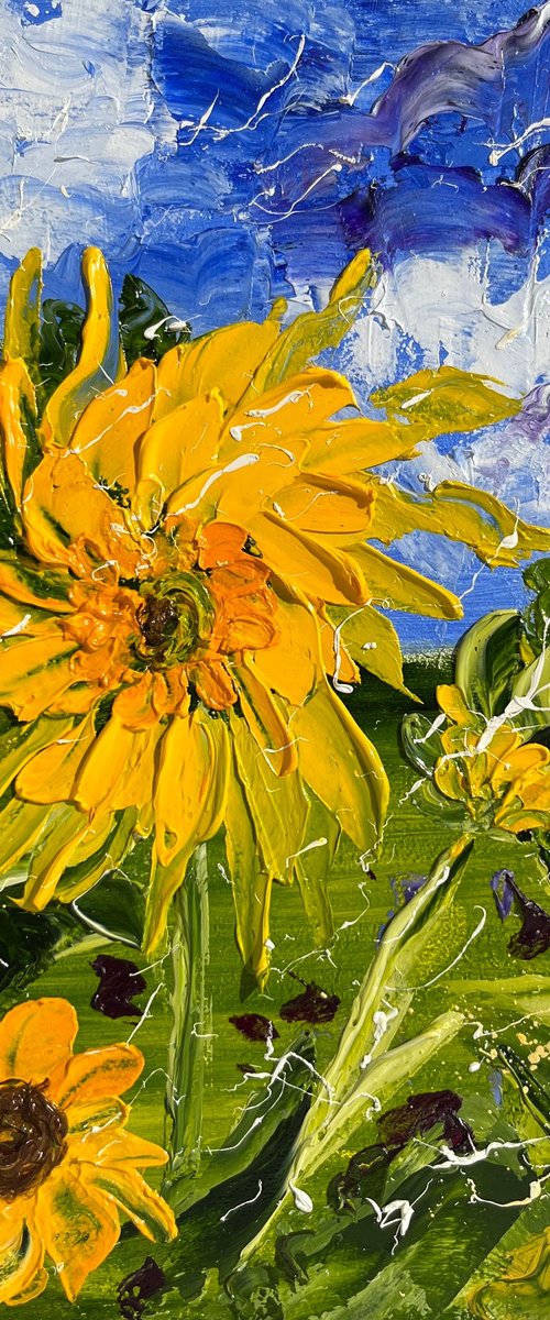 Sunflower Painting Floral Original Art Flower Small Oil Impasto Artwork 8 by 10" by Halyna Kirichenko by Halyna Kirichenko