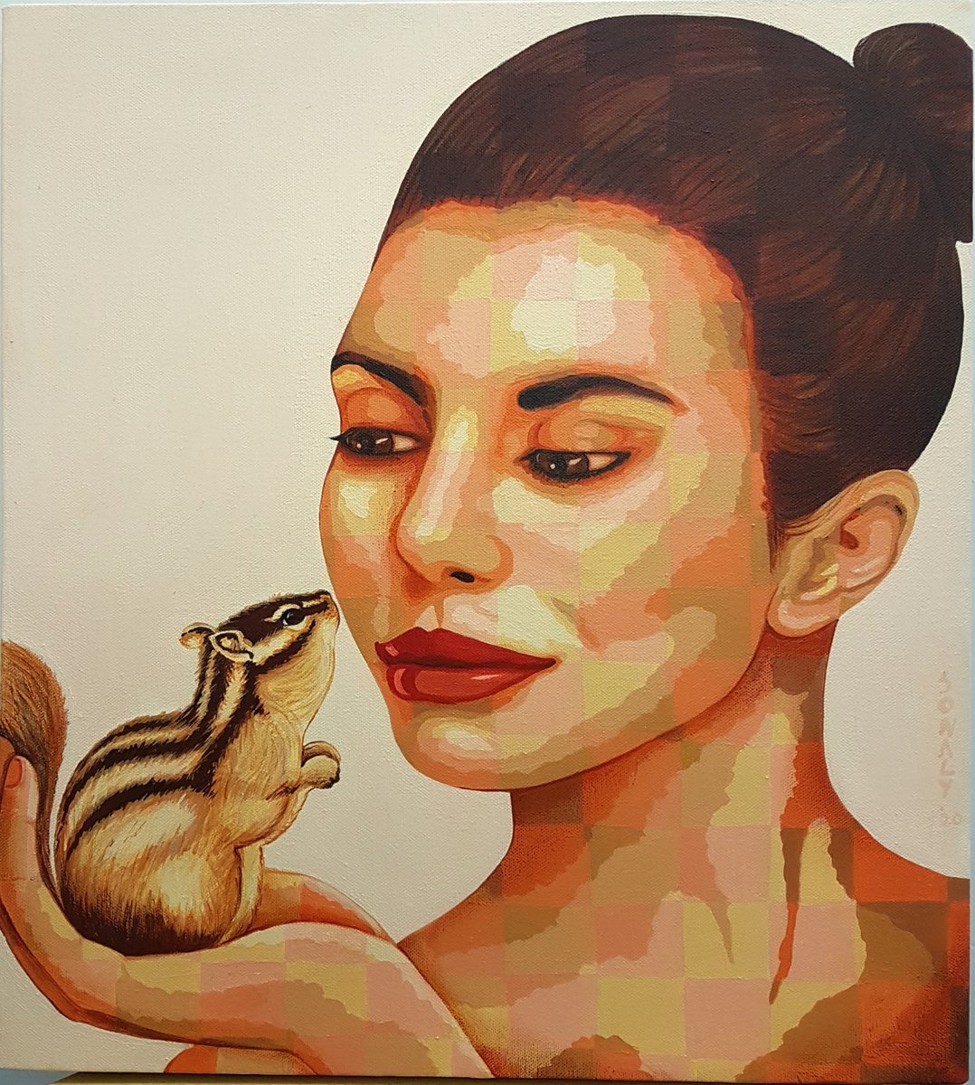 Urban And Pop Portrait Acrylic Painting By Sonaly Gandhi, 18 X 20", Lady And Squirrel, Original Artwork