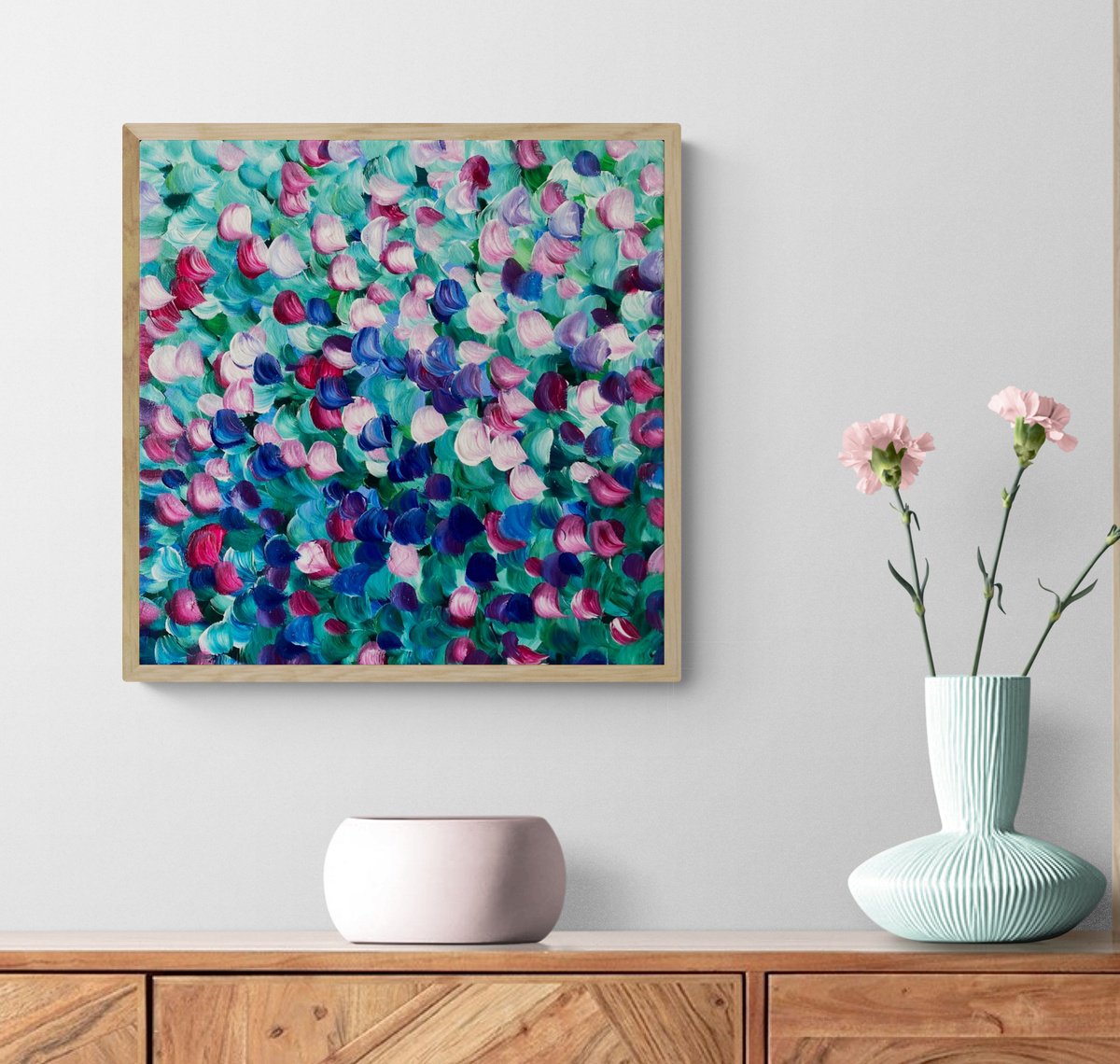 Organic Botanical Acrylic Painting By Katherine Spiller, 19 X 19", Bluebells And Roses, Original Artwork