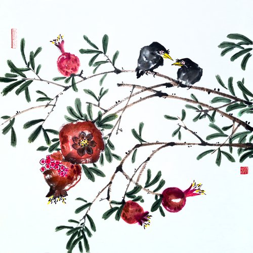 Two birds on a pomegranate branch - Oriental Chinese Ink Painting by Ilana Shechter