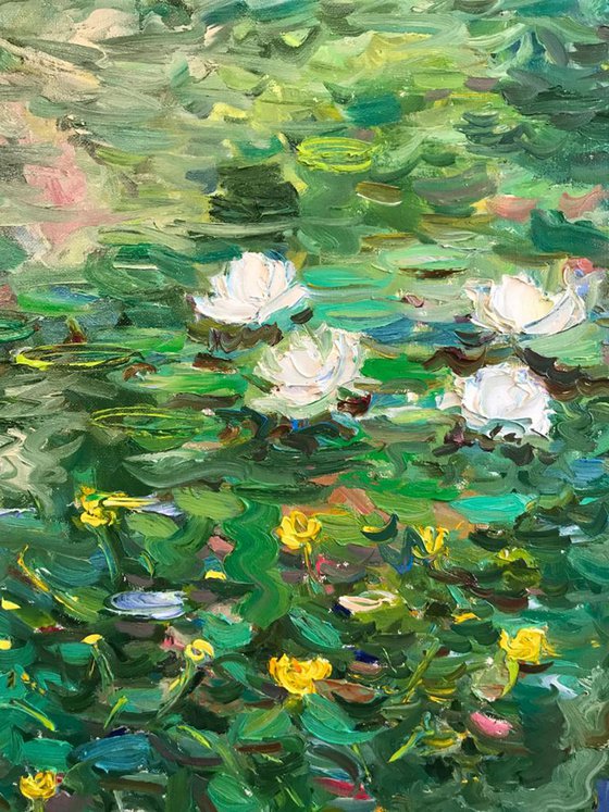 WATER LILY  - original oil landscape painting, summer, waterlily pond, green coloured