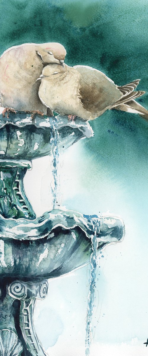 Mourning birds on a fountain, wildlife, birds watercolours by Karolina Kijak