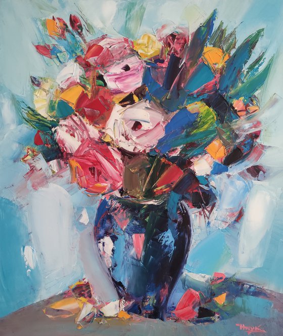 Colorful roses-2 (60x70cm, oil painting, ready to hang)