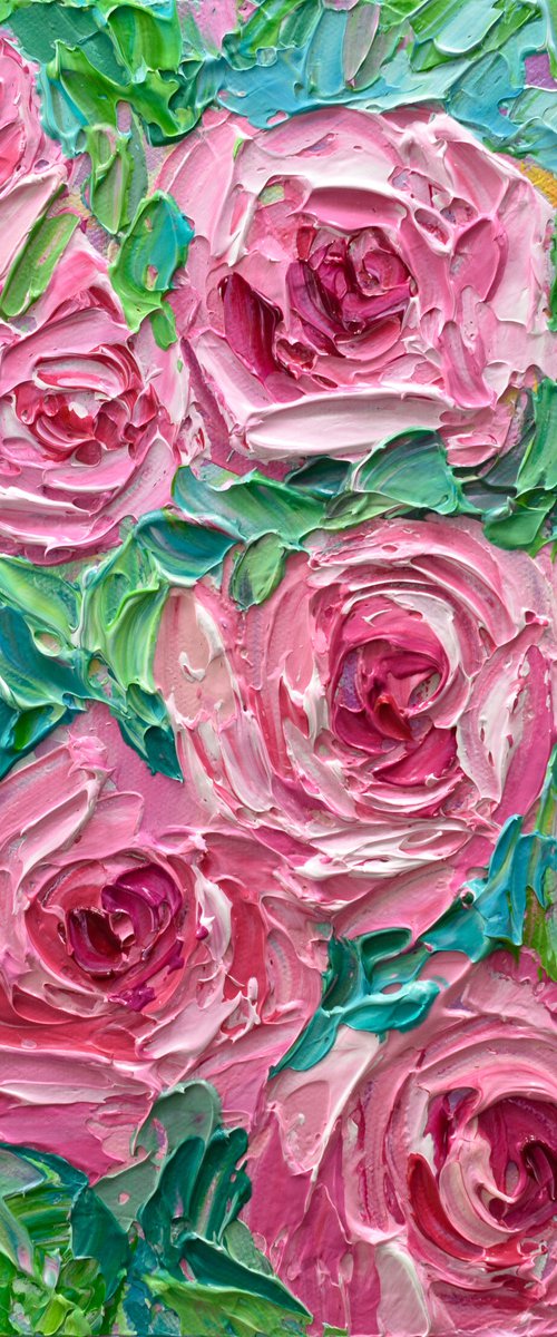 Pink Roses - Heavy Impasto Floral Painting, Palette Knife Art by Olga Tkachyk