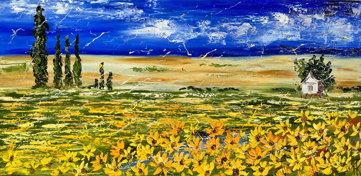 Impressionistic Landscape Oil Painting By Halyna Kirichenko, 31 X 16, Provence Sunflowers Field, Original Artwork