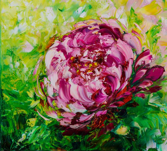 WINDOW TO THE GARDEN - Peonies. Diptych. Pink peony. Chrysanthemums. White. Voluminous bud. Macro style. two paintings. Flower set.