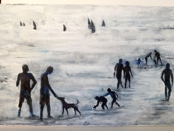 "Human. On the beach",  large oil painting, 100x40x3cm