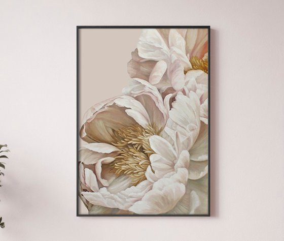 "Gray Silk Flowers" Gray white peony art
