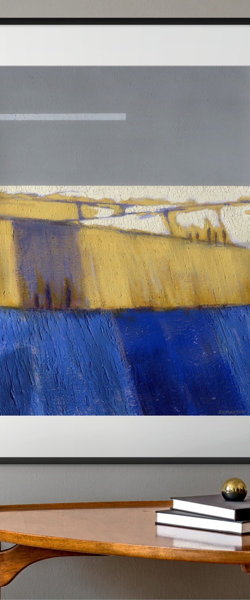 Blue, Ochre and Gray Abstract by Evgen Semenyuk
