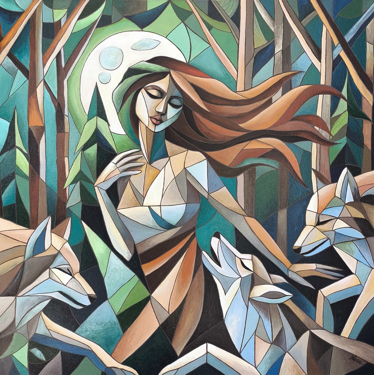 Abstract Portrait Oil Painting By Narine Vardanyan, 24 X 24", Daughter Of The Wild, Original Artwork