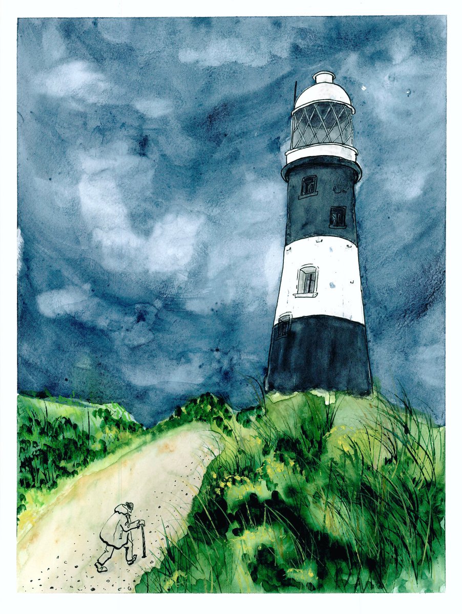 Landscape watercolor painting - Lighthouse and thunderstorm sky mixed media artwork - Gift... by Olga Ivanova