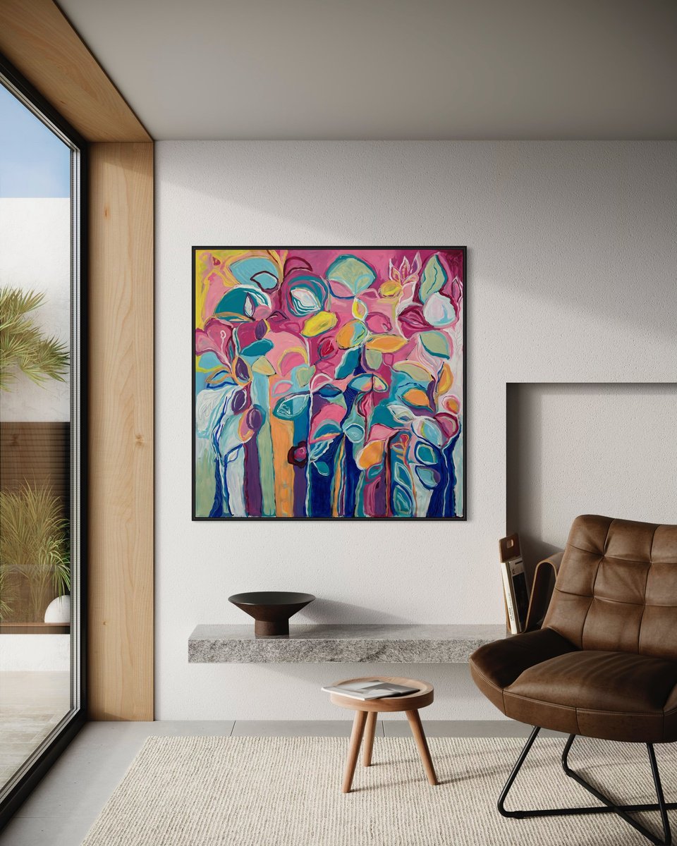 Abstract Botanical Acrylic Painting By Samantha Malone, 46 X 46", To Be Found, Original Artwork