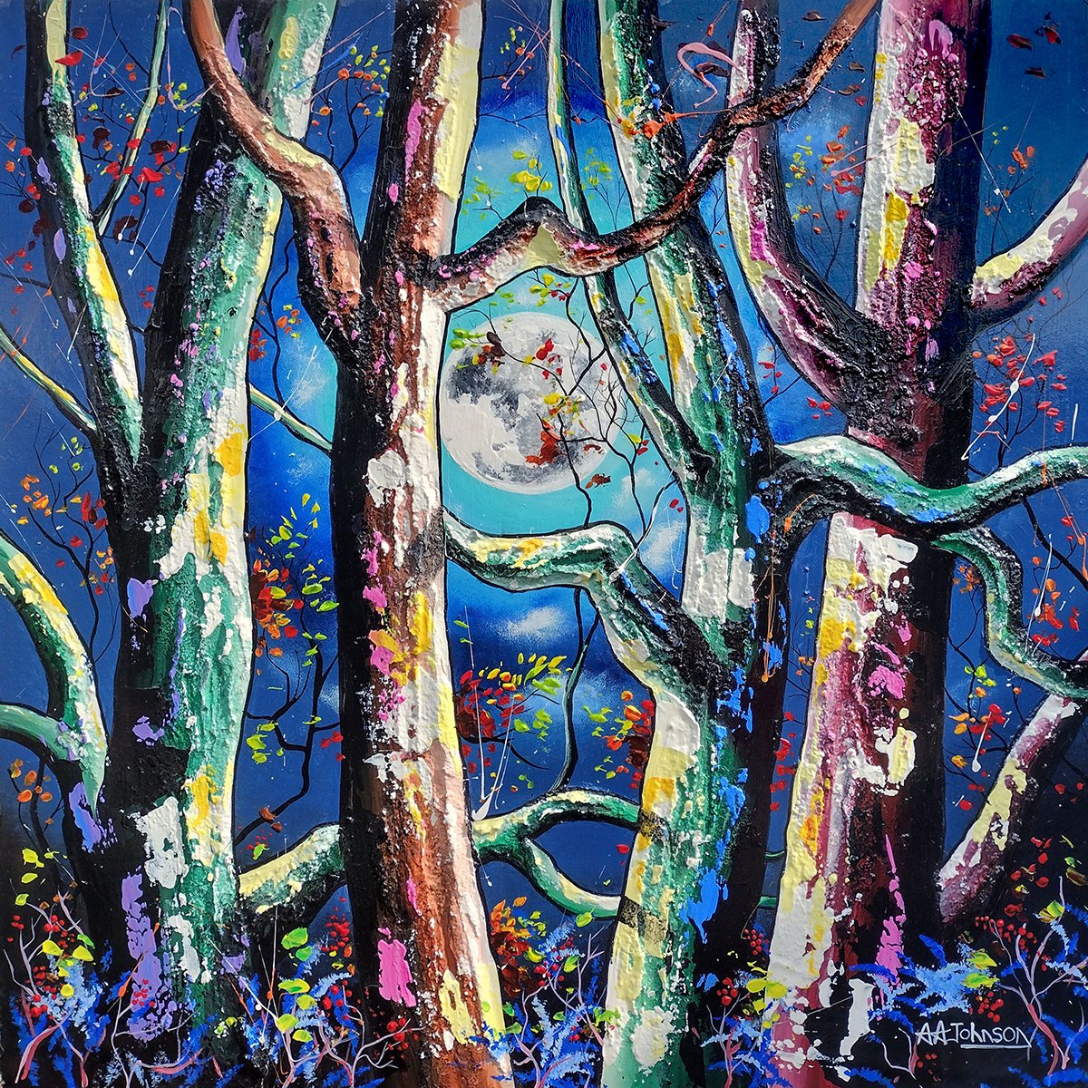 Abstract Acrylic Painting By Andrew Alan Johnson, 24 X 24, Pop Art! - Forest Fest #2, Original Artwork