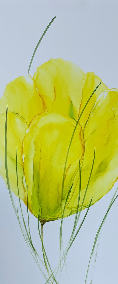 YELLOW GREEN FLOWER, ABSTRACTION - alcohol ink , plastic paper by Svetlana Martin